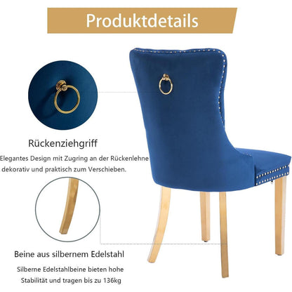 Samt Esszimmerstühle 2er Set mit goldenen Beinen (Blau)