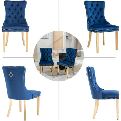 Samt Esszimmerstühle 2er Set mit goldenen Beinen (Blau)