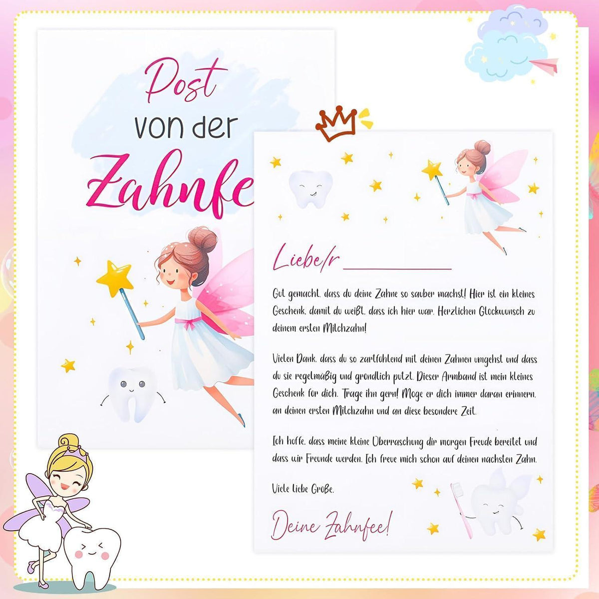 Zahnfee Geschenk Mädchen: Perlenarmband mit Postkarte