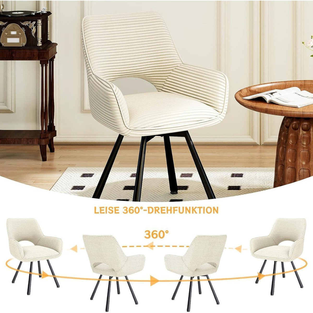 Drehbarer Esszimmerstuhl mit Armlehne, Samt, Beige 2er Set
