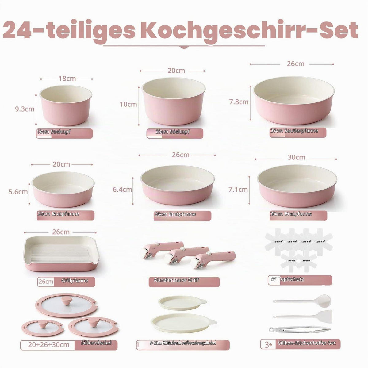 24-teiliges Keramik-Antihaft-Kochgeschirrset mit abnehmbaren Griffen Rosa