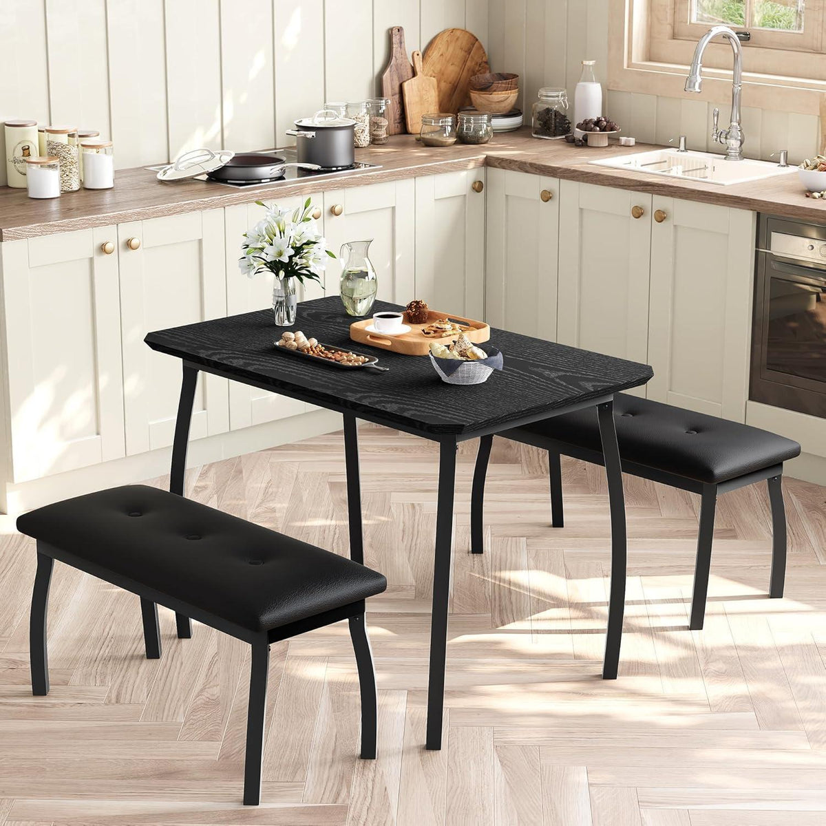 3-teiliges Küchentisch-Set mit Bänken – Vintage-Look Schwarz