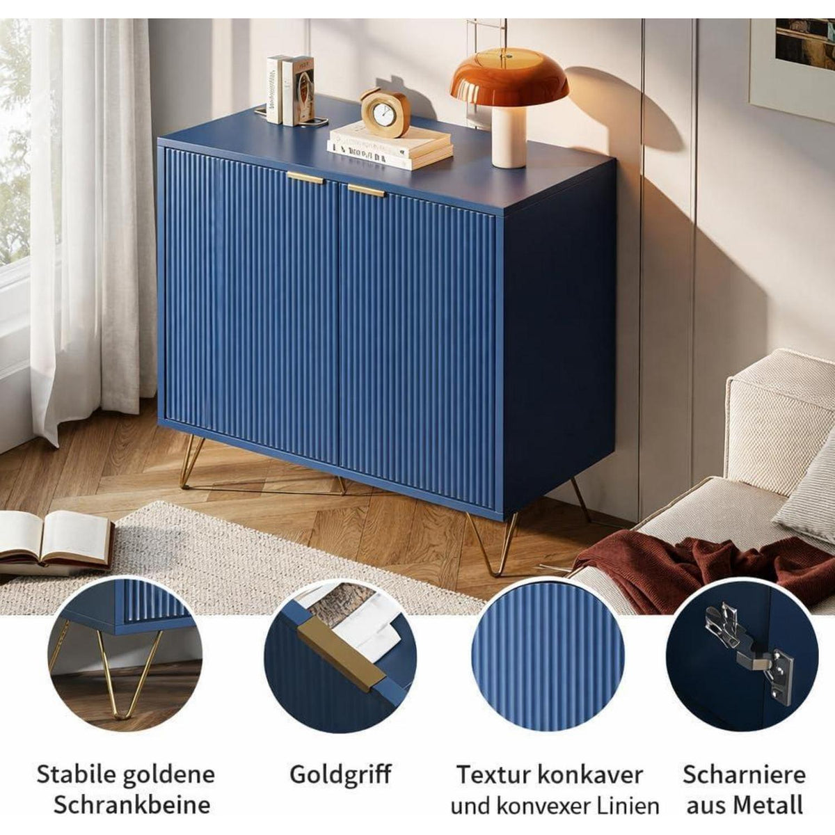 Modernes Sideboard Blau mit 2 Türen & Stauraum, Goldene Metallbeine