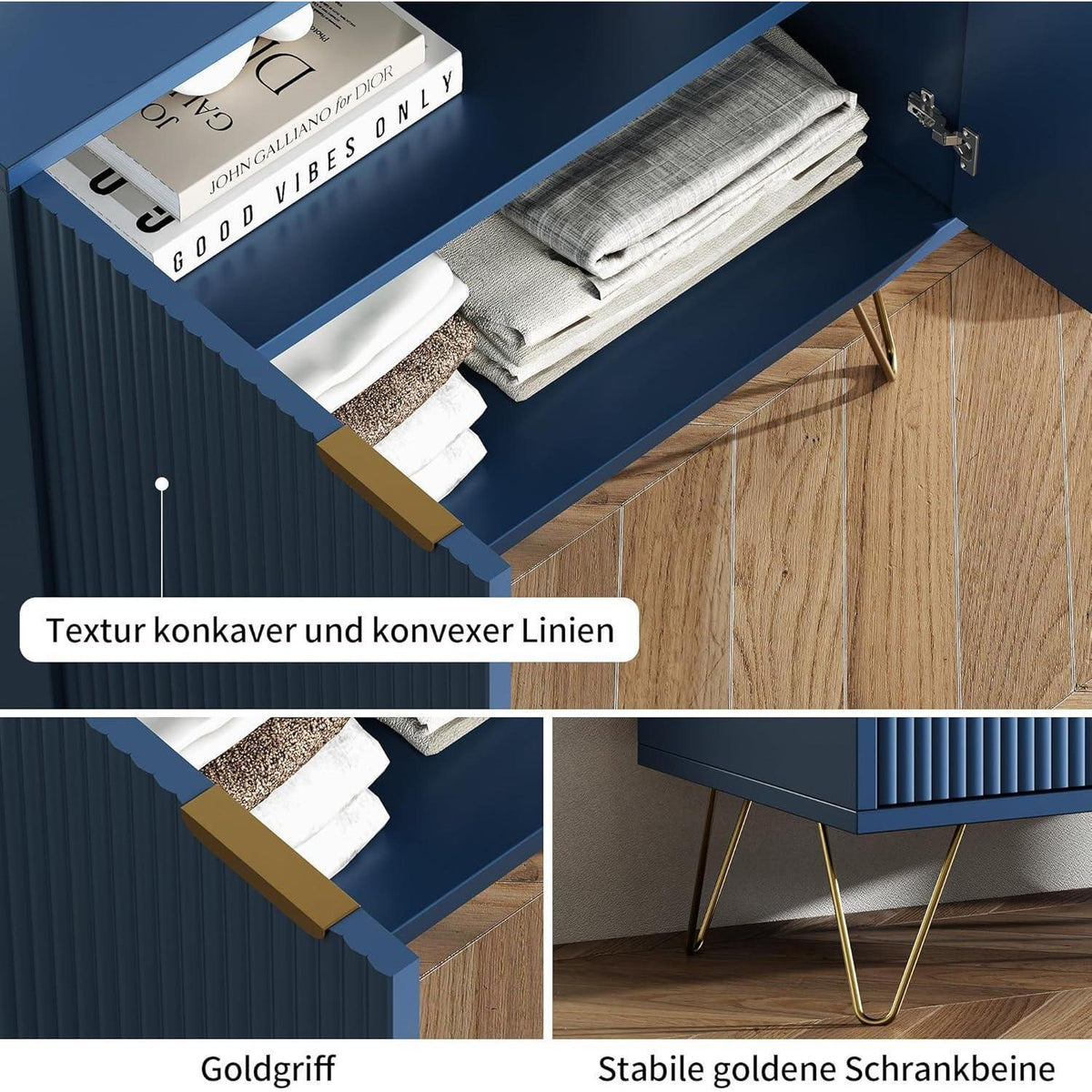 Modernes Sideboard Blau mit 2 Türen & Stauraum, Goldene Metallbeine