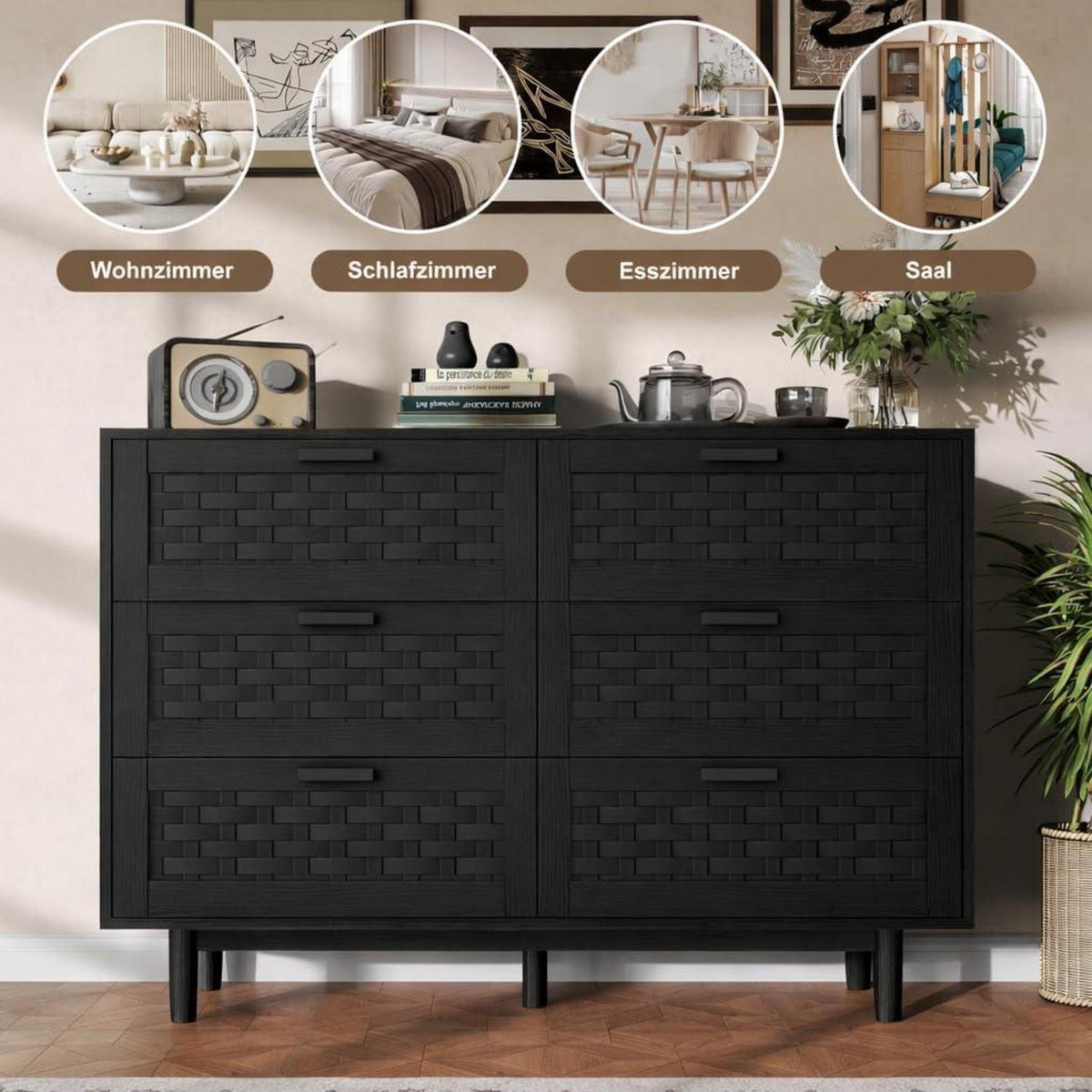 Kommode 6 Schubladen Rattan Optik – Schlafzimmer Sideboard Schwarz
