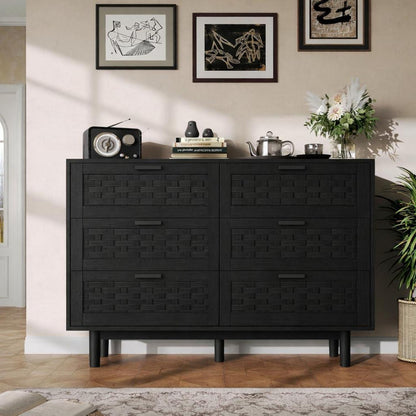Kommode 6 Schubladen Rattan Optik – Schlafzimmer Sideboard Schwarz