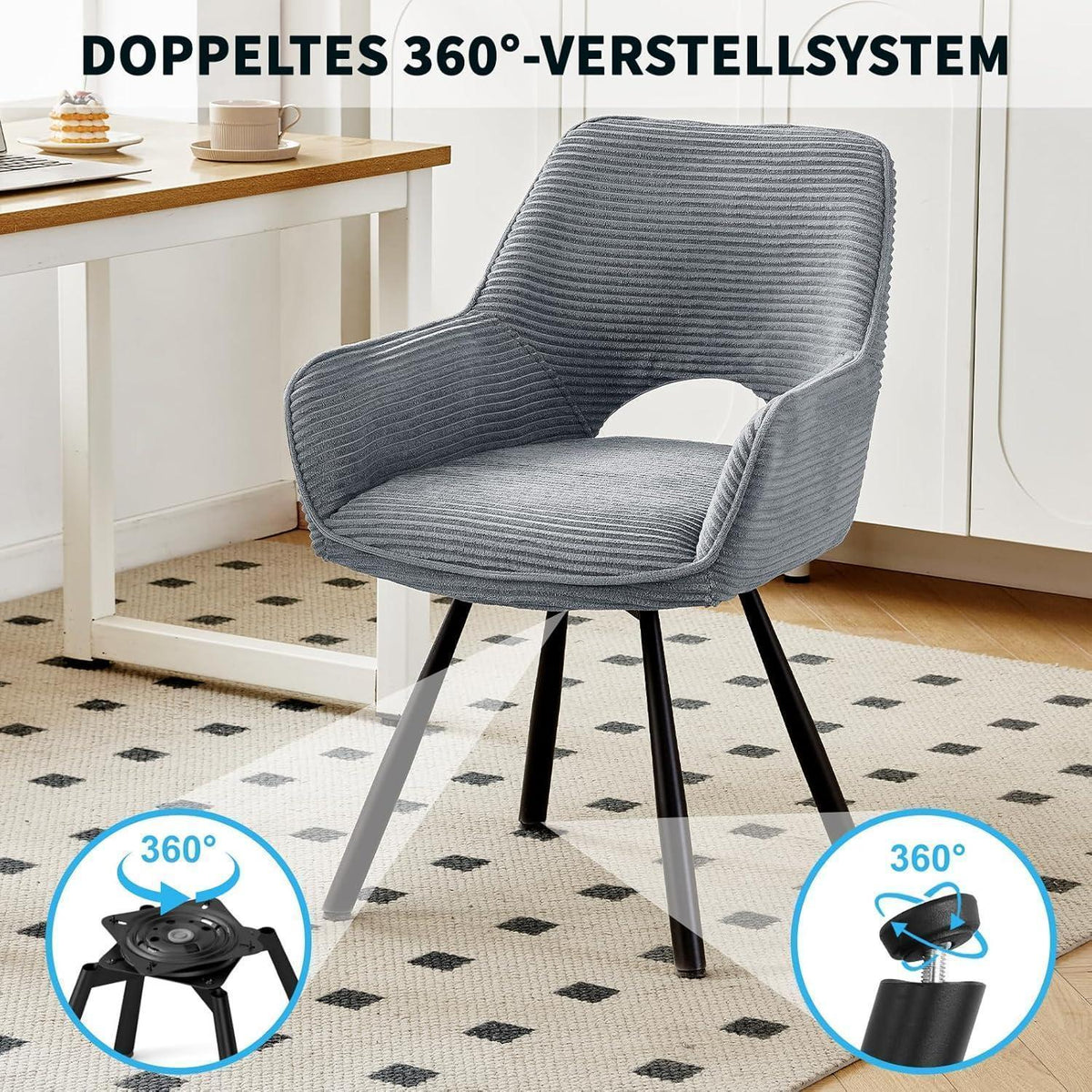 2er Set Drehbar Stühle Grau | Esszimmerstuhl mit Armlehnen