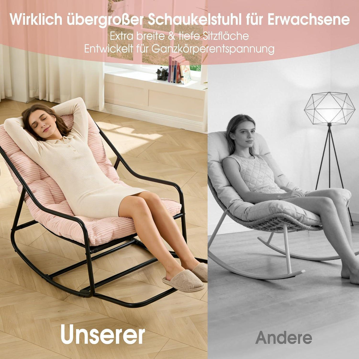 Übergroßer Schaukelstuhl – Gemütlicher Papasan Stuhl Rosa