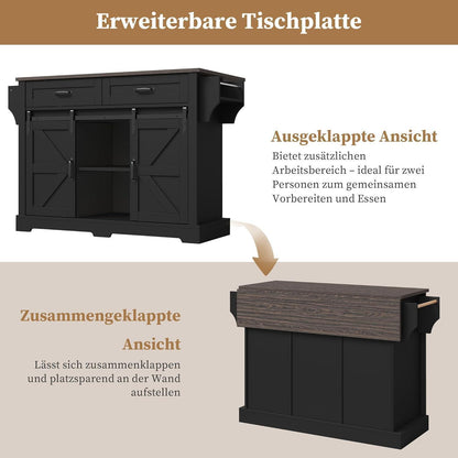 Klappbare Kücheninsel mit Schiebetüren & Rollen (Schwarz)