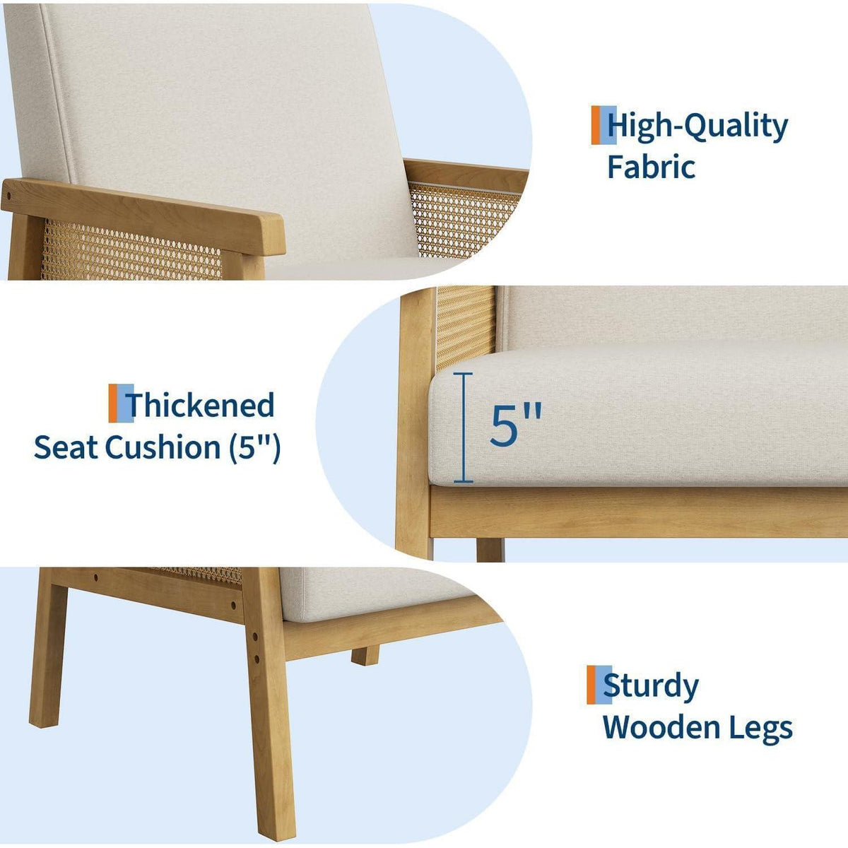 Rattanseiten Sessel | Gepolsterter Lesesessel Holzgestell Beige