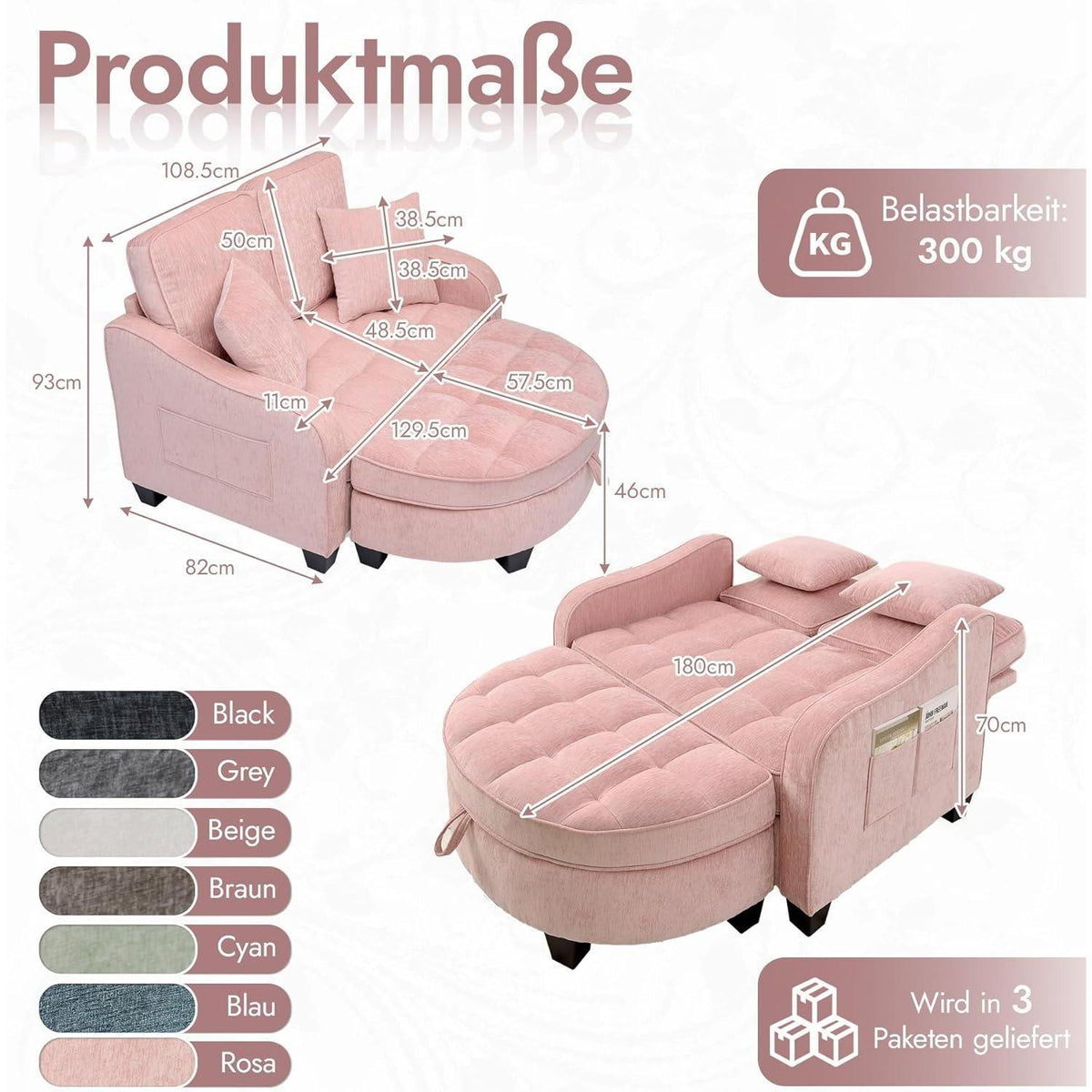 Schlafsofa Klein Rosa – 2-in-1 mit Hocker & Kissen