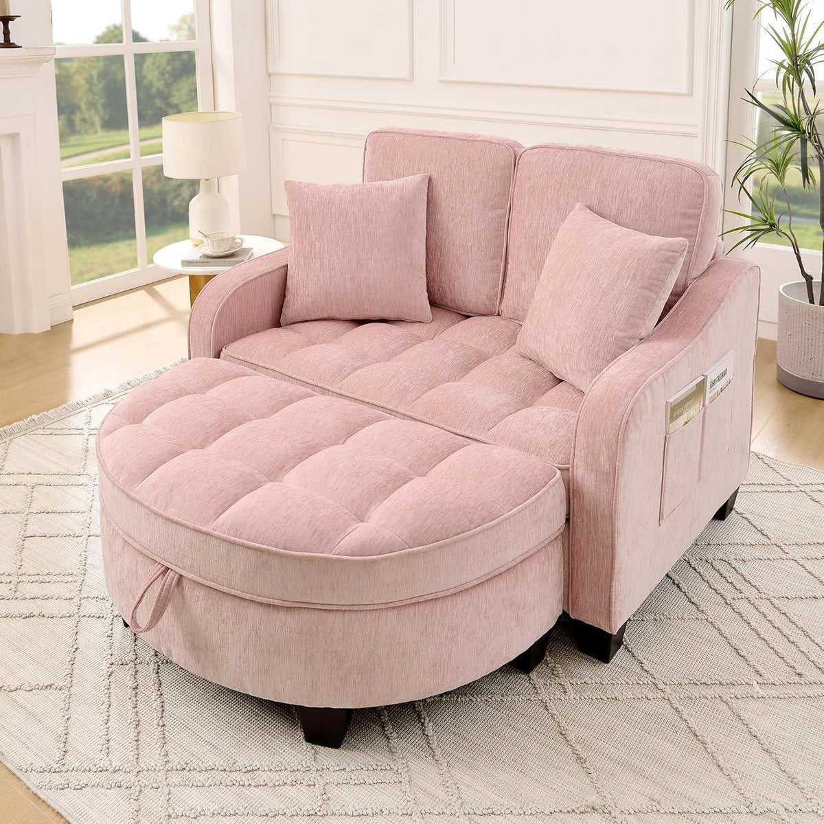Schlafsofa Klein Rosa – 2-in-1 mit Hocker & Kissen