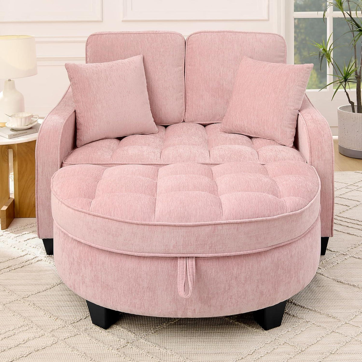 Schlafsofa Klein Rosa – 2-in-1 mit Hocker & Kissen