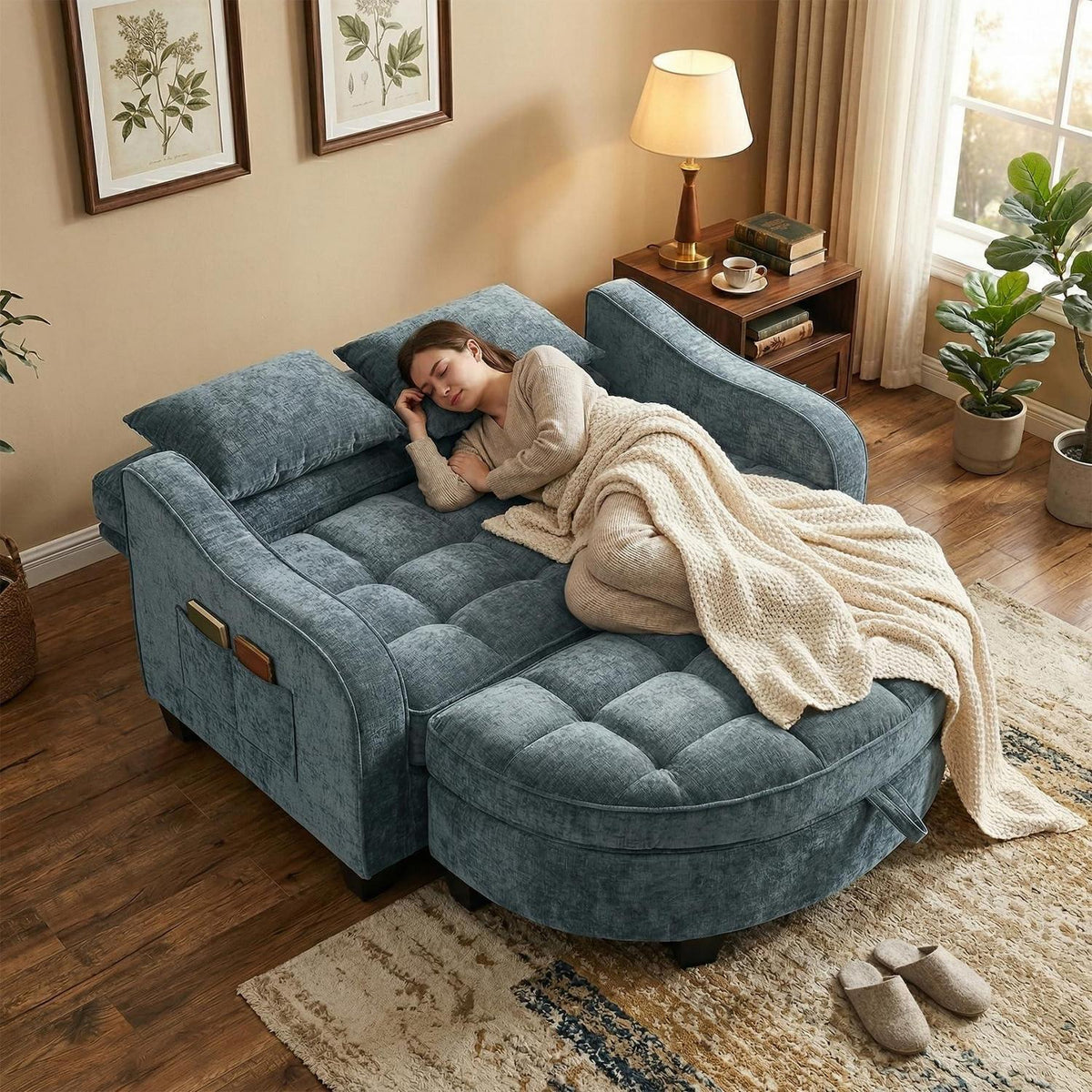 Schlafsofa Klein Blau – 2-in-1 mit Hocker & Kissen