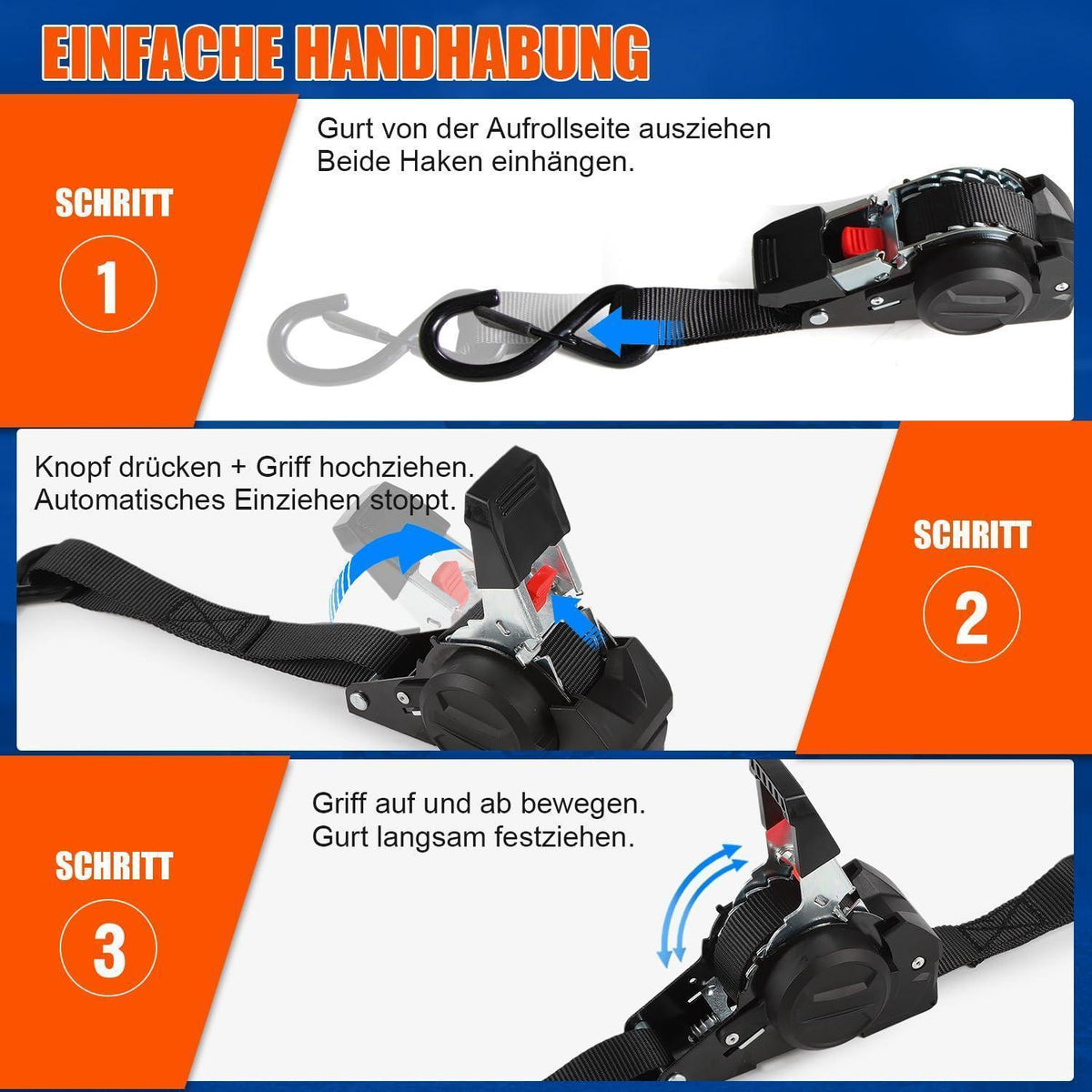 4x Automatischer Spanngurt 3m | 750kg Bruchlast | Schwarz