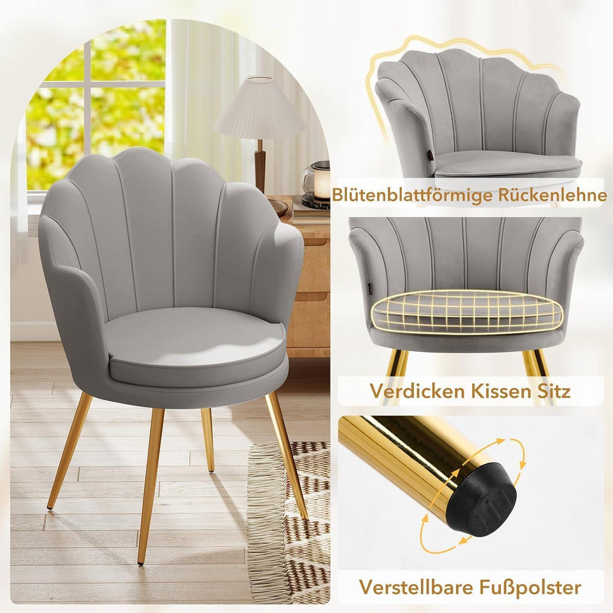 Samt Esszimmerstühle 2er Set mit Blütenblatt-Rückenlehne