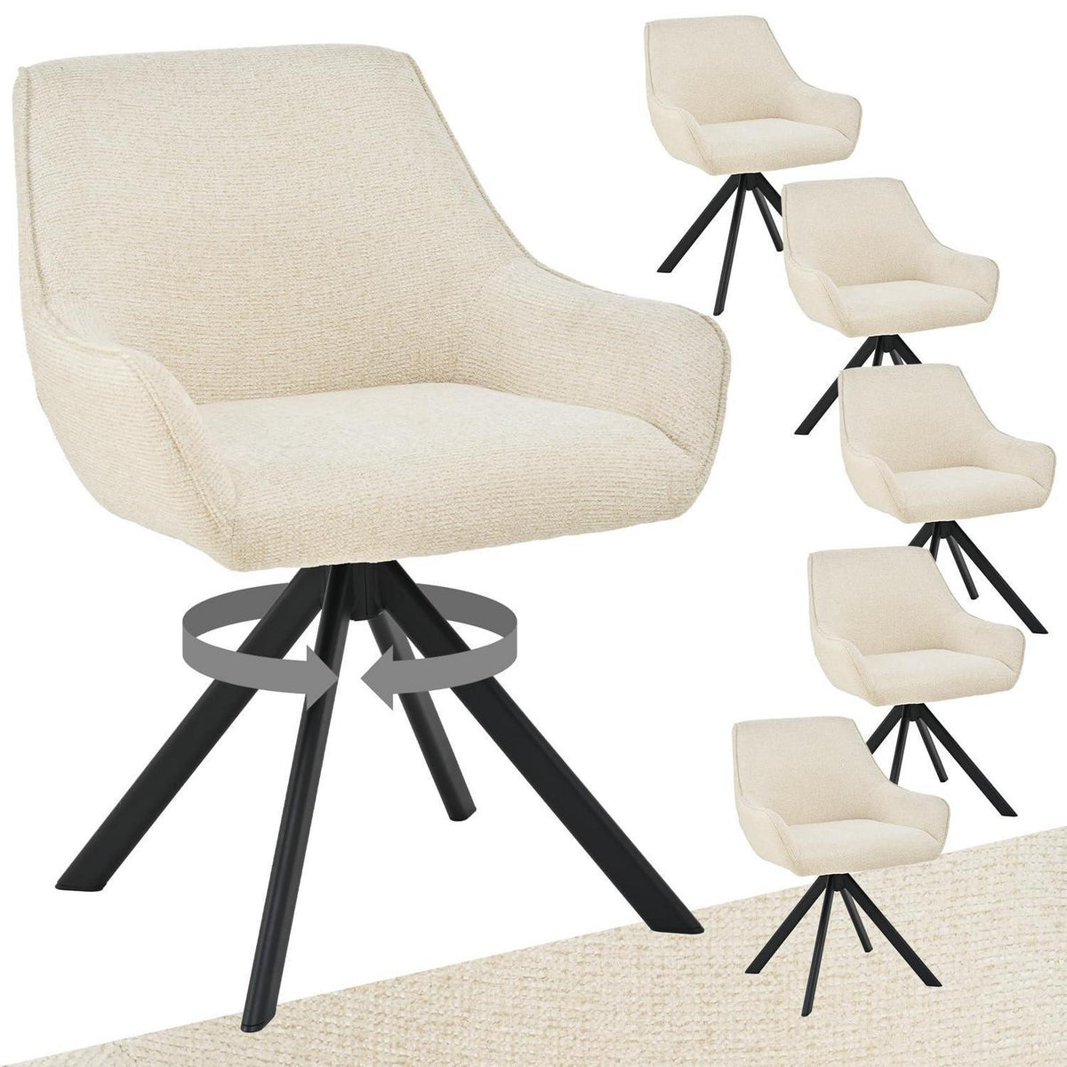 Drehbarer Esszimmerstuhl Set 6er – Cremeweiß, Chenille & Metallgestell