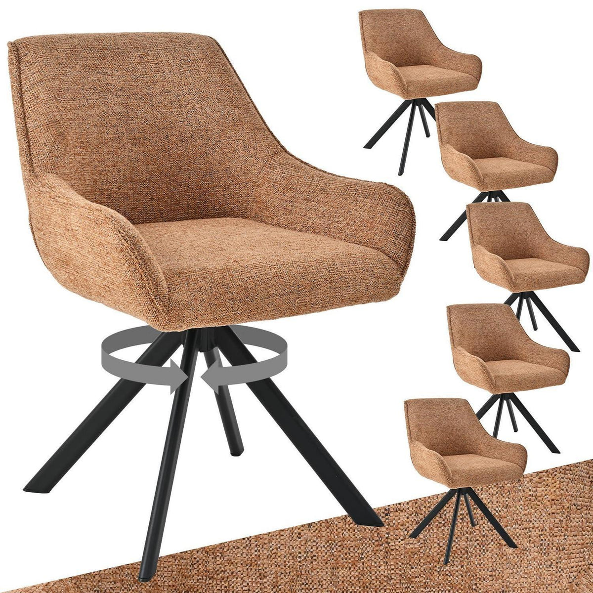 Drehbarer Esszimmerstuhl Set 6er – Chenille, Camelbraun