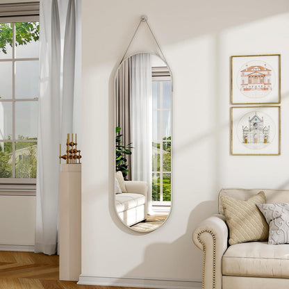 Ovaler Hänge-Spiegel 120x40cm mit Band – Silber in Lederoptik