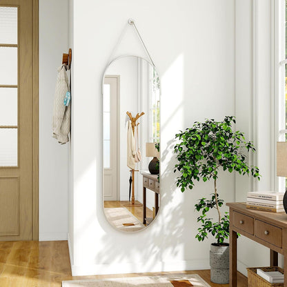 Ovaler Hänge-Spiegel 120x40cm mit Band – Silber in Lederoptik