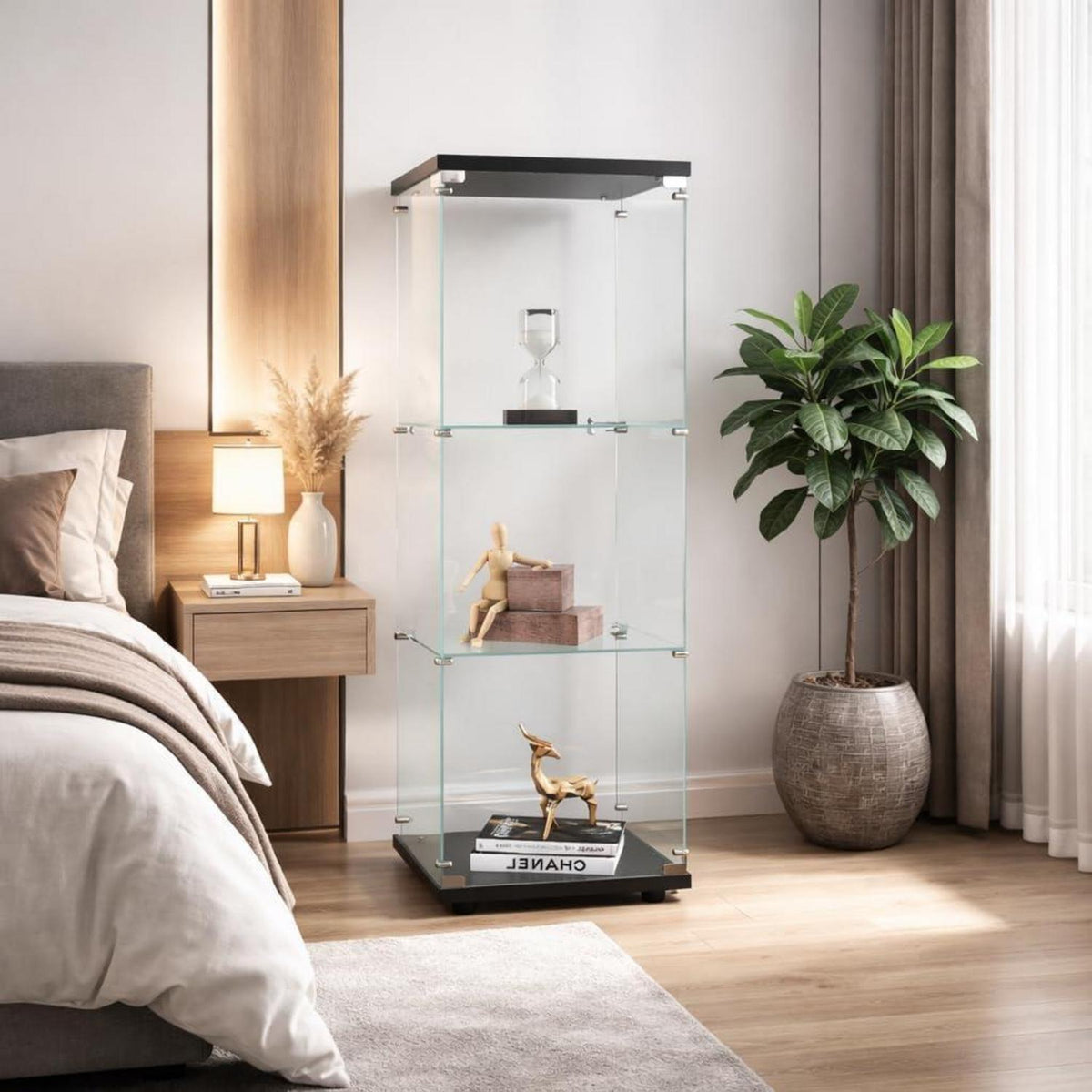 Standvitrine mit Schloss | Glasvitrine Schwarz 1 Tür 3 Böden