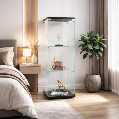 Standvitrine mit Schloss | Glasvitrine Schwarz 1 Tür 3 Böden