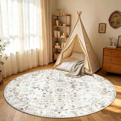 Runder Waschtbarer Teppich 200cm – Vintage Beige Wohnzimmer Teppich