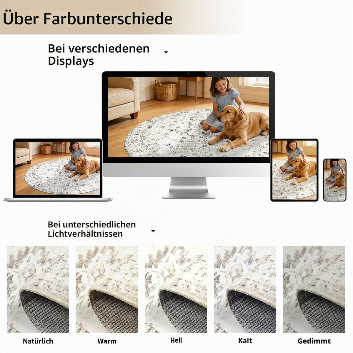 Runder Waschtbarer Teppich 180cm – Vintage Beige Kurzflor