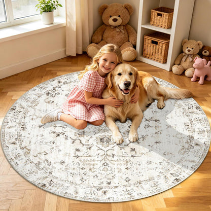 Runder Waschtbarer Teppich 180cm – Vintage Beige Kurzflor