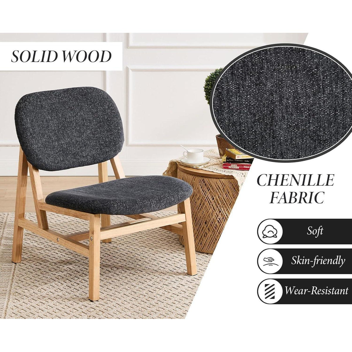 Loungesessel Grau, Chenille & Holzbeine – Bequemer Akzentstuhl