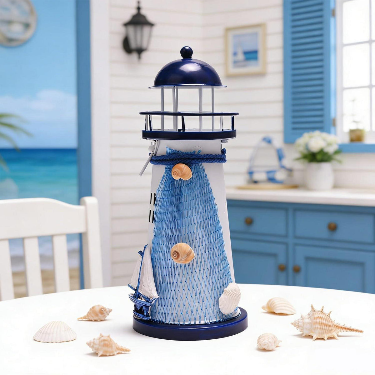 Teelichthalter Leuchtturm Metall 18cm Blau Weiß Maritim