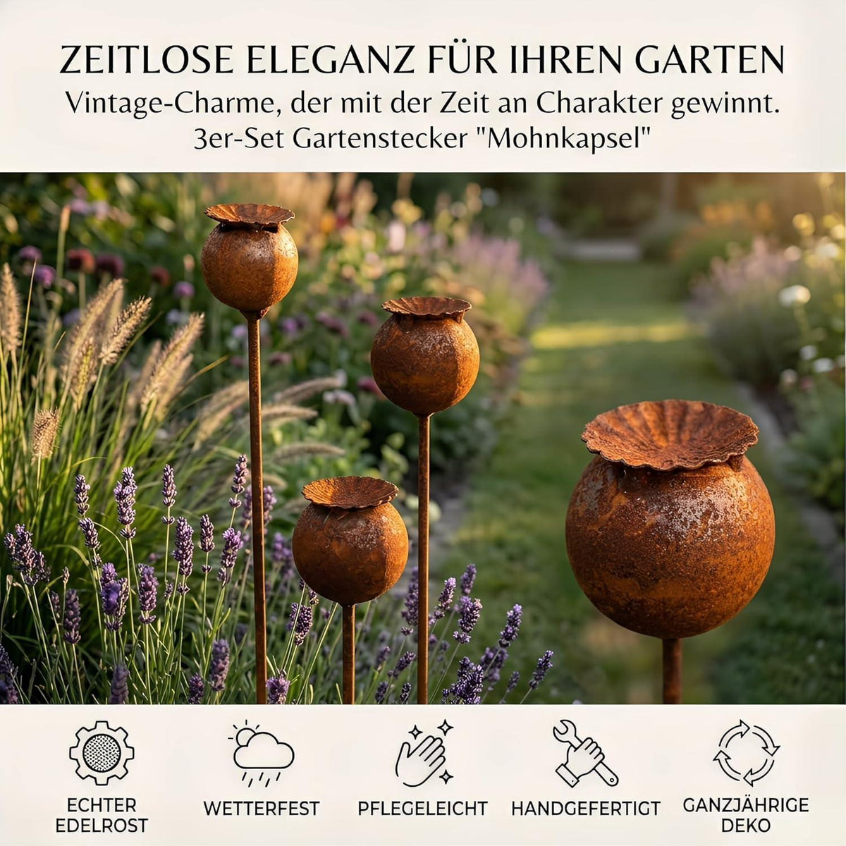 Gartenstecker Rost Deko Mohn 3er Set – Edelrost für Beet & Balkon