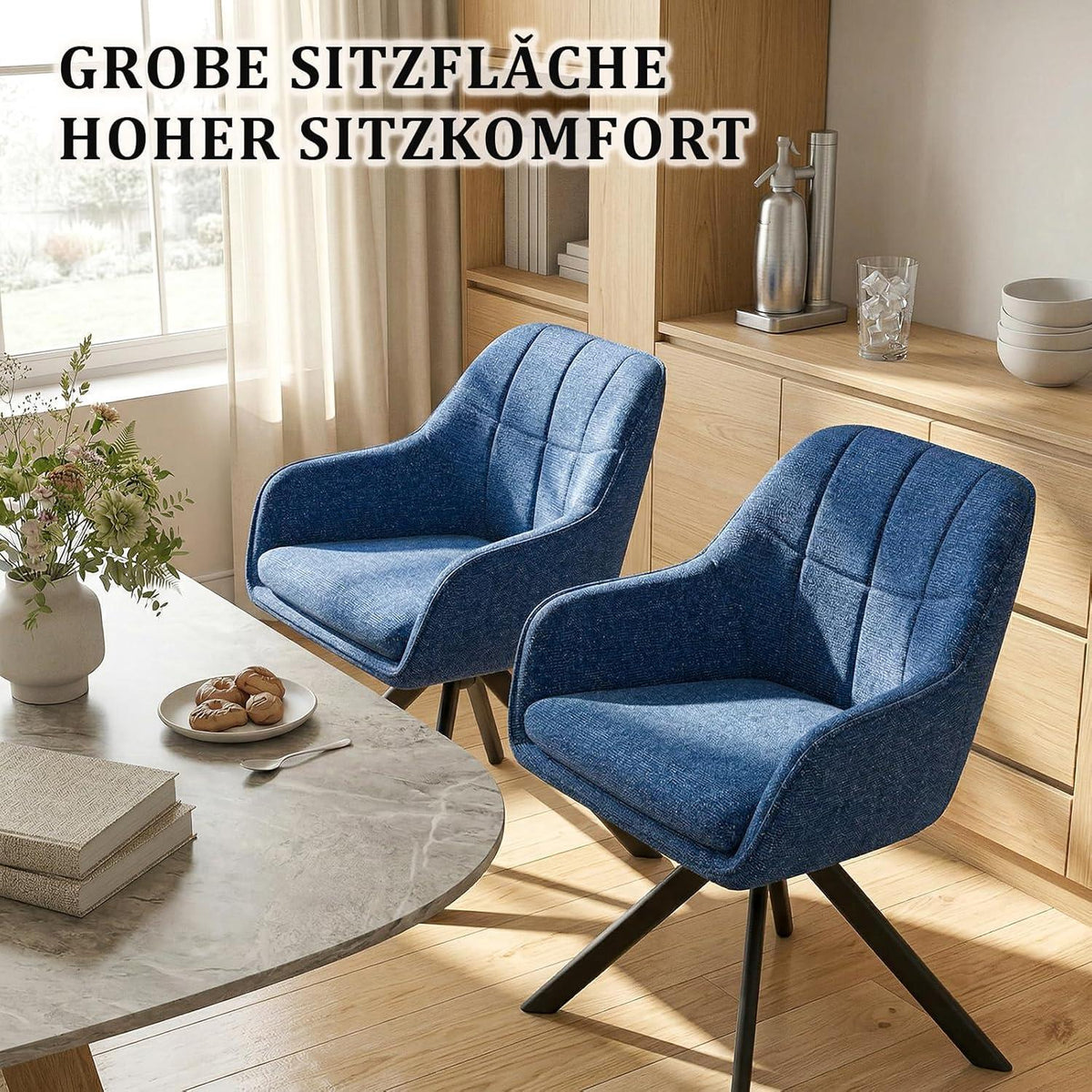 Drehbarer Esszimmerstuhl Set Dunkelblau – 4er Set mit Chenille