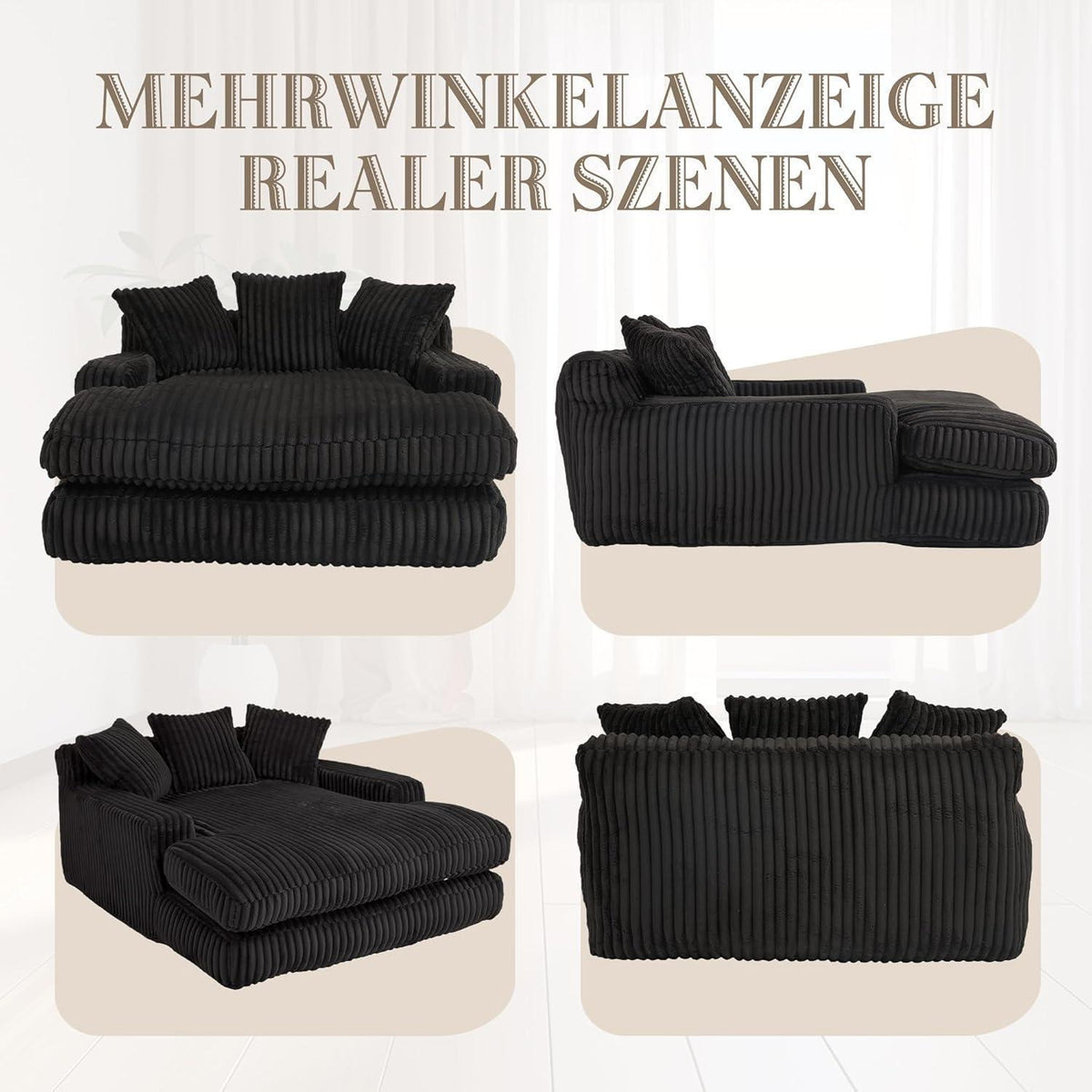 Boneless Couch: Bequemes Cord-Schlafsofa mit 3 Kissen (Schwarz)