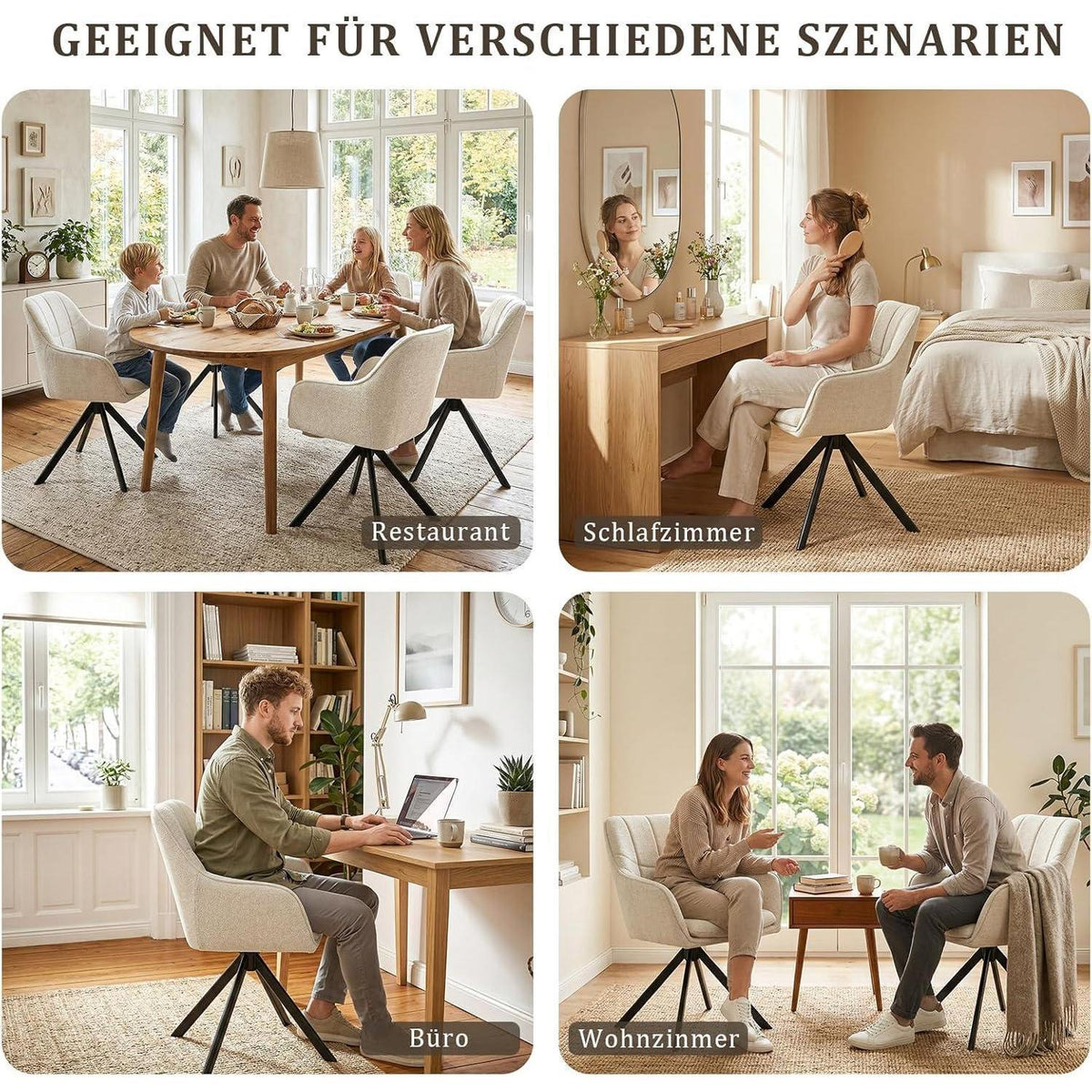 Drehbarer Esszimmerstuhl Set 6er – Cremeweiß, Chenille & 360°