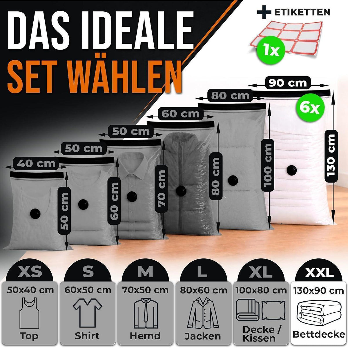 XXL Vakuumbeutel für Bettdecken & Kissen – 6er Set (130x90cm)