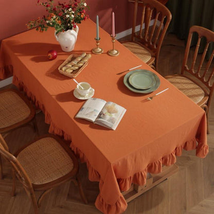 Baumwoll-Leinen Tischdecke Rüschen 140x300cm – Braun-Orange
