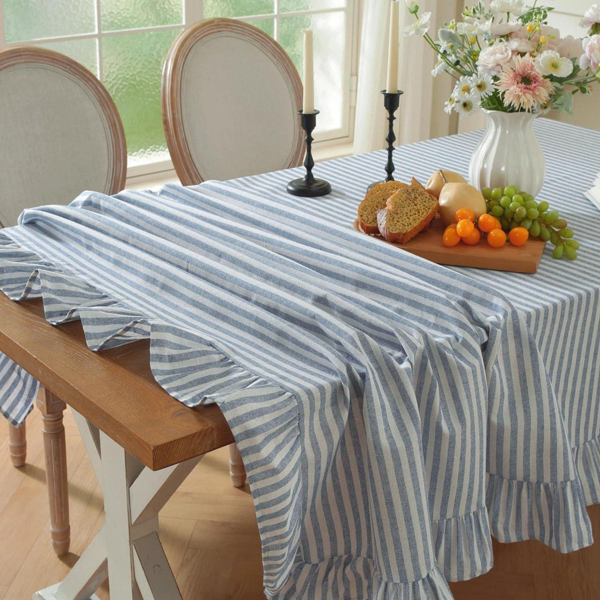 Baumwoll-Leinen Tischdecke Rüschen 110x170cm – Blau-Weiß