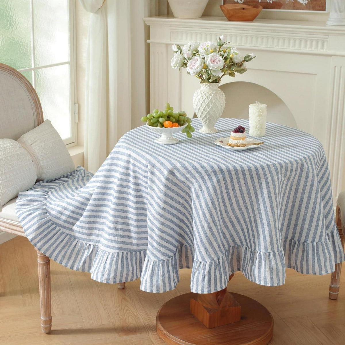 Baumwoll-Leinen Tischdecke Rüschen 110x170cm – Blau-Weiß