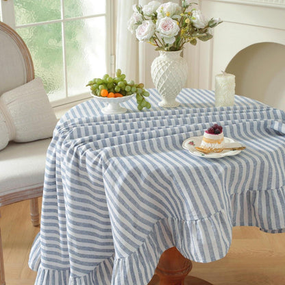 Baumwoll-Leinen Tischdecke Rüschen 110x170cm – Blau-Weiß