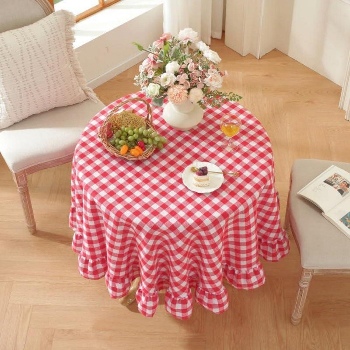 Baumwoll-Leinen Tischdecke Rüschen 152x305cm – Landhausstil