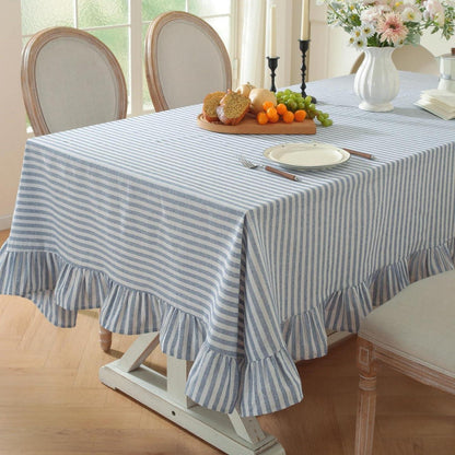 Baumwoll-Leinen Tischdecke Rüschen 152x305cm – Blau-Weiß
