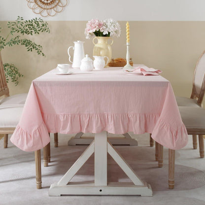 Baumwoll-Leinen Tischdecke Rüschen 140x300cm Rosa – Landhausstil