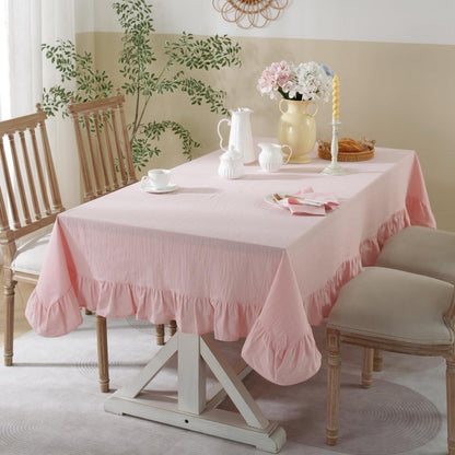 Baumwoll-Leinen Tischdecke Rüschen 140x300cm Rosa – Landhausstil