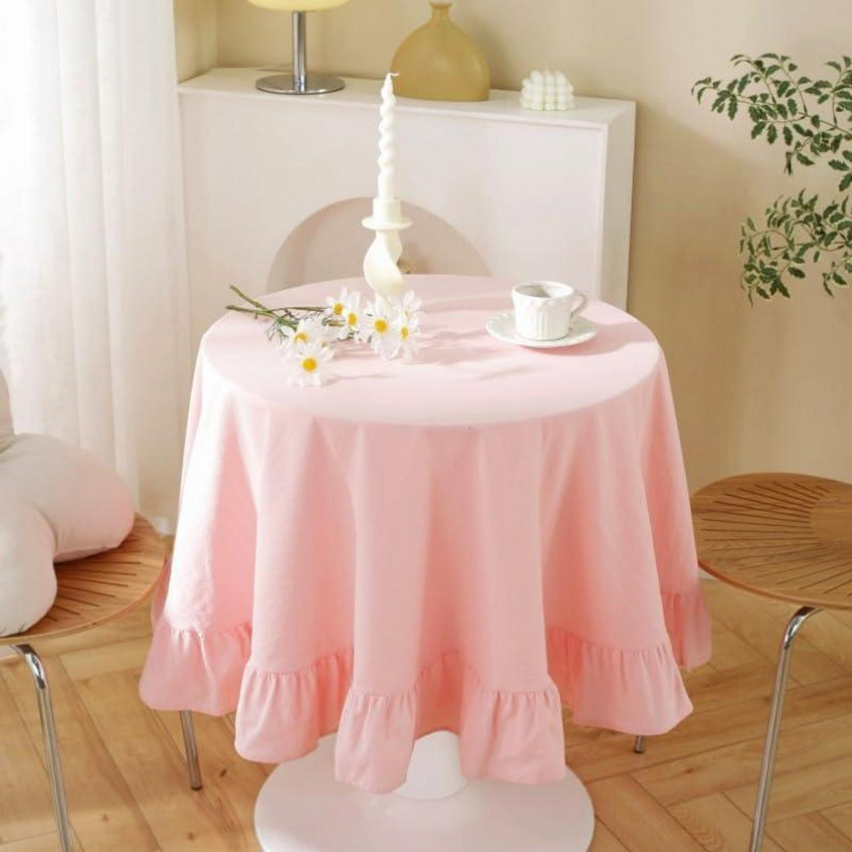Baumwoll-Leinen Tischdecke Rüschen 140x300cm Rosa – Landhausstil