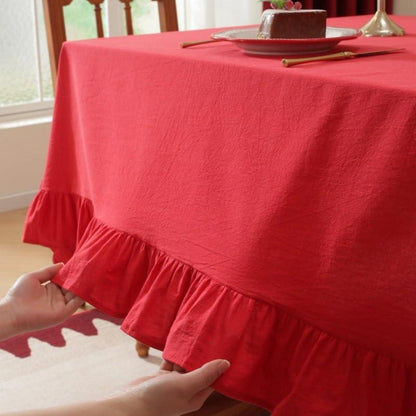 Baumwoll-Leinen Tischdecke mit Rüschen | 152x305cm | Rot