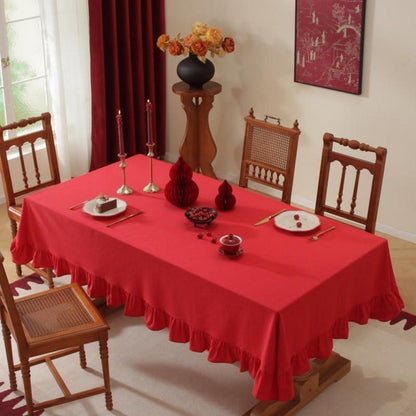 Baumwoll-Leinen Tischdecke Rüschen 140x300cm – Rot, Landhausstil