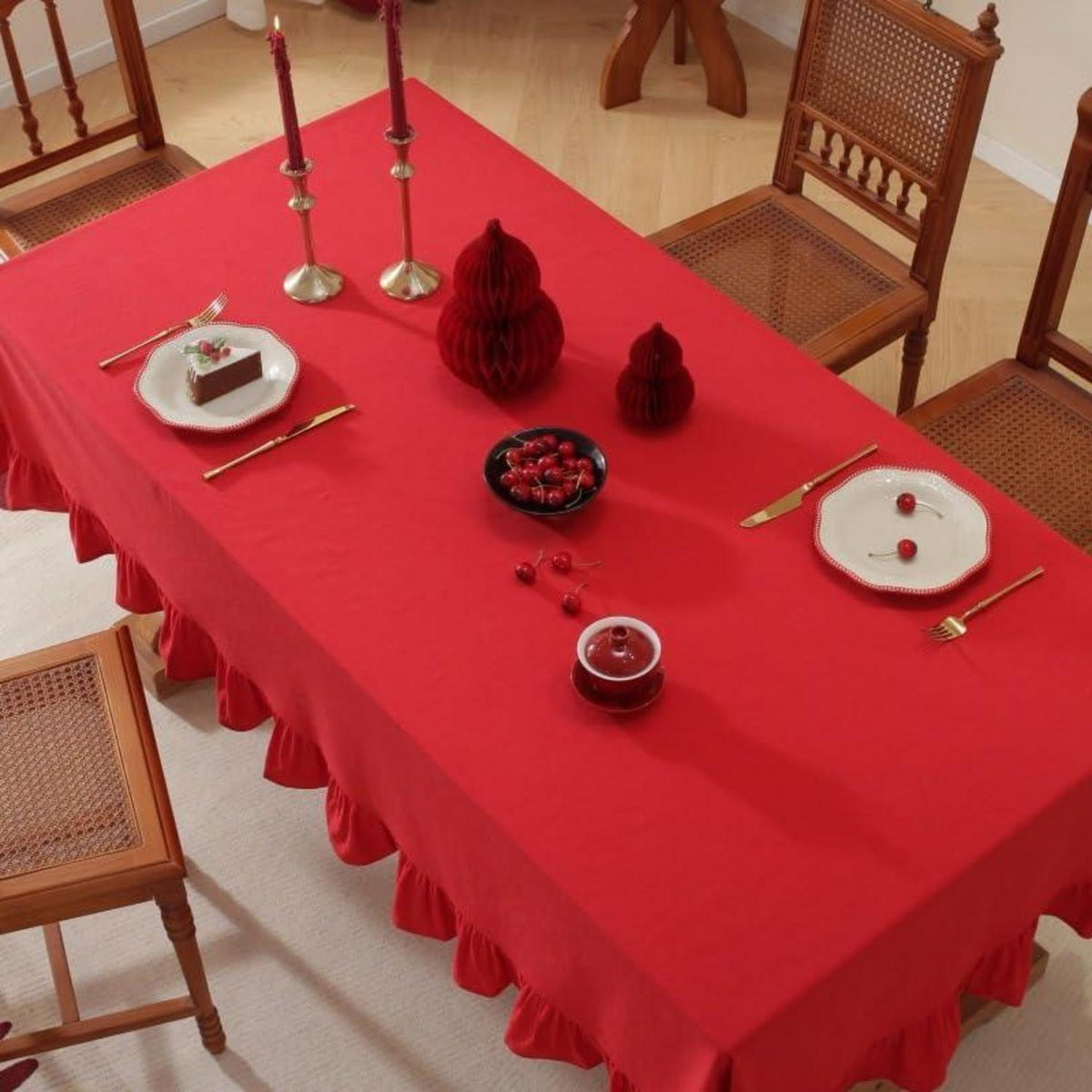 Baumwoll-Leinen Tischdecke Rüschen 140x300cm – Rot, Landhausstil