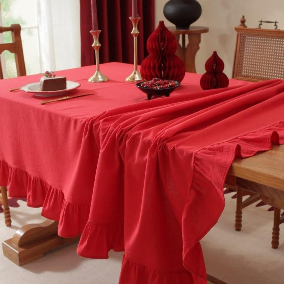 Baumwoll-Leinen Tischdecke Rüschen 140x300cm – Rot, Landhausstil