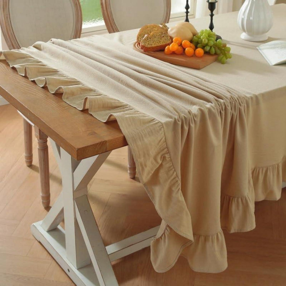 Baumwoll-Leinen Tischdecke Rüschen 140x300cm – Landhausstil